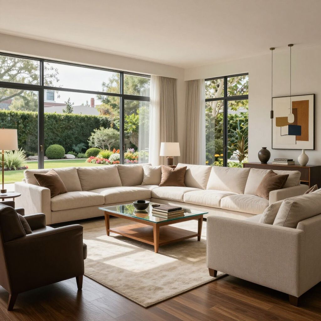 A bright living room with a large beige sectional, armchair, glass coffee table, and expansive windows overlooking a yard.
