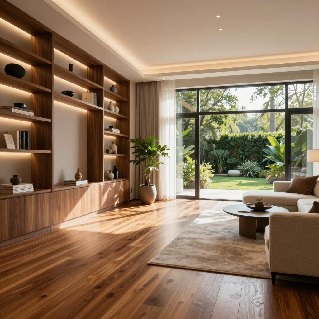 A modern living room with wood flooring, custom shelving, a cozy sofa, and floor-to-ceiling windows overlooking a garden.