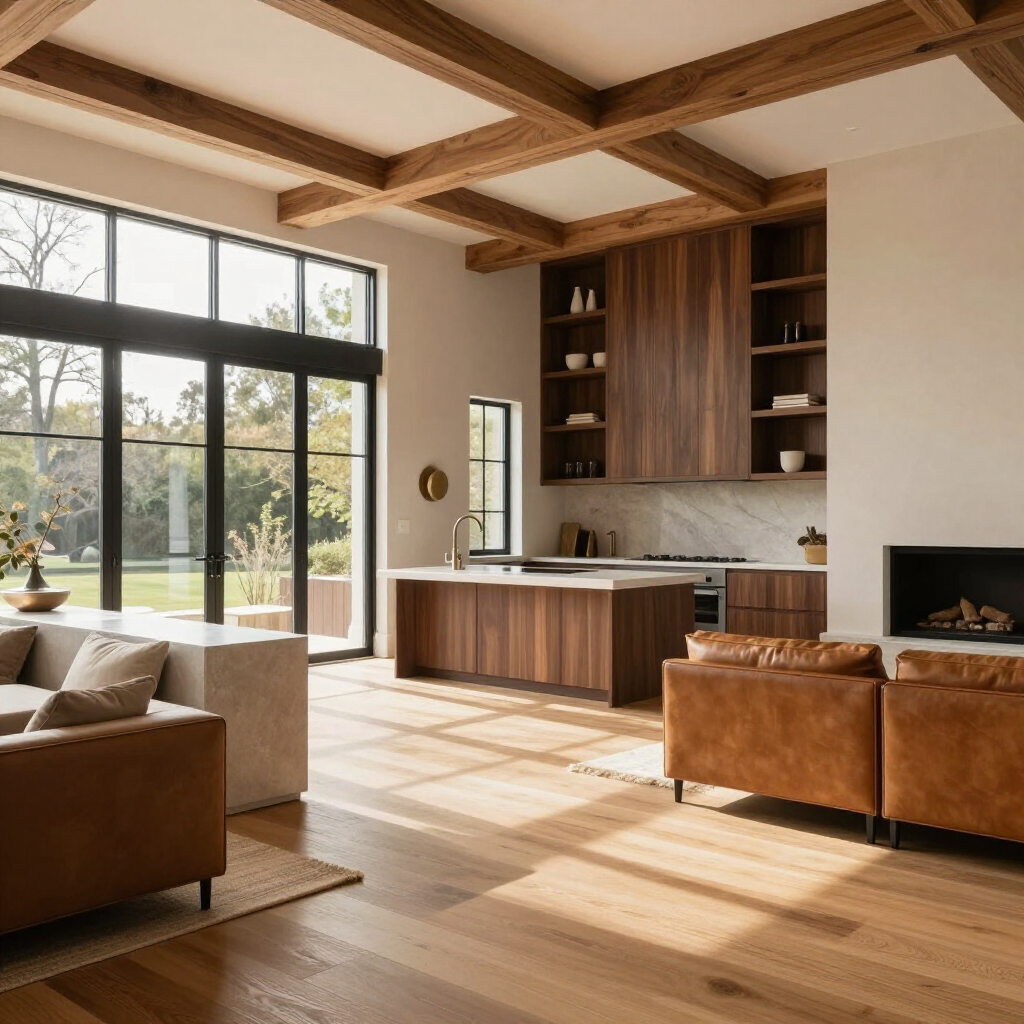 A modern living room with leather sofas, wood ceiling beams, hardwood floors, and an open kitchen with dark wood cabinets.