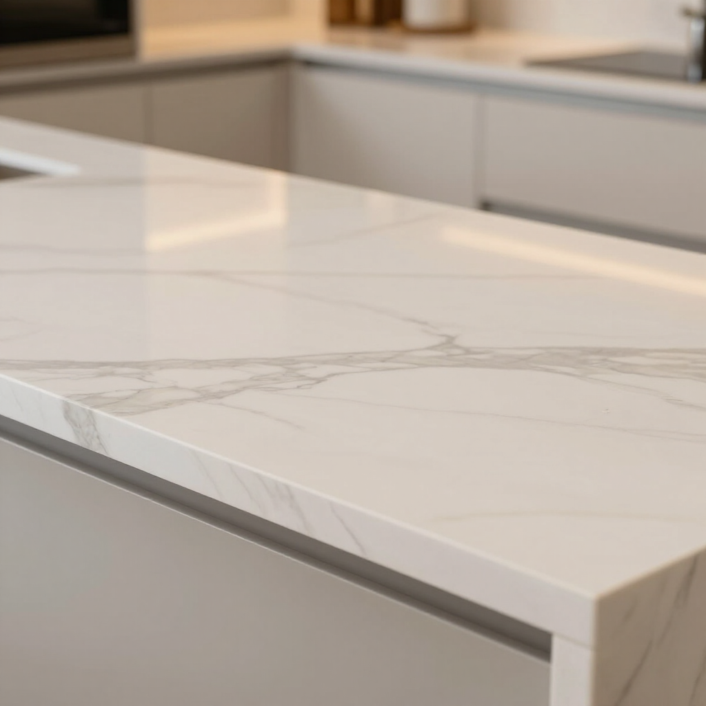 A modern kitchen island with a white marble-patterned countertop and light grey cabinets.