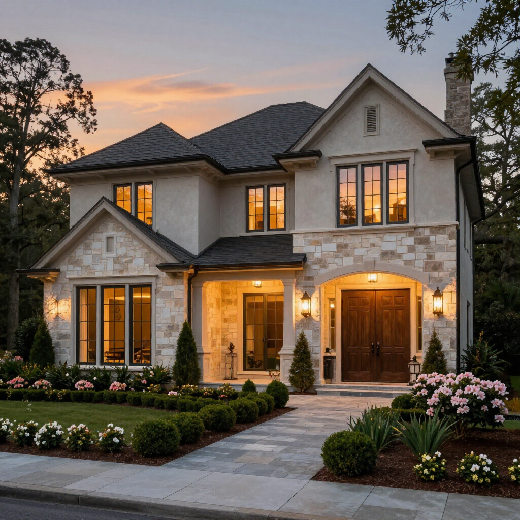 A two-story stone and stucco house with a dark roof, wooden front doors, and a landscaped yard during golden hour.