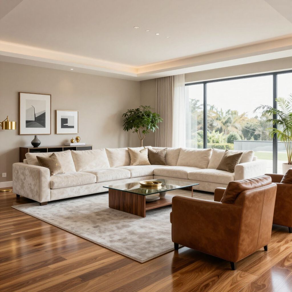 A modern living room with a large cream sectional sofa, a glass-topped wooden coffee table, and tan leather armchairs.