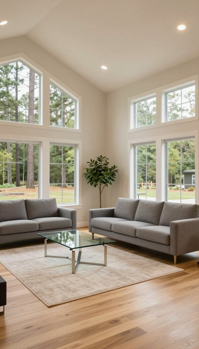 Modern living room with a large white sectional, marble coffee table, fireplace, and tall windows with natural light.