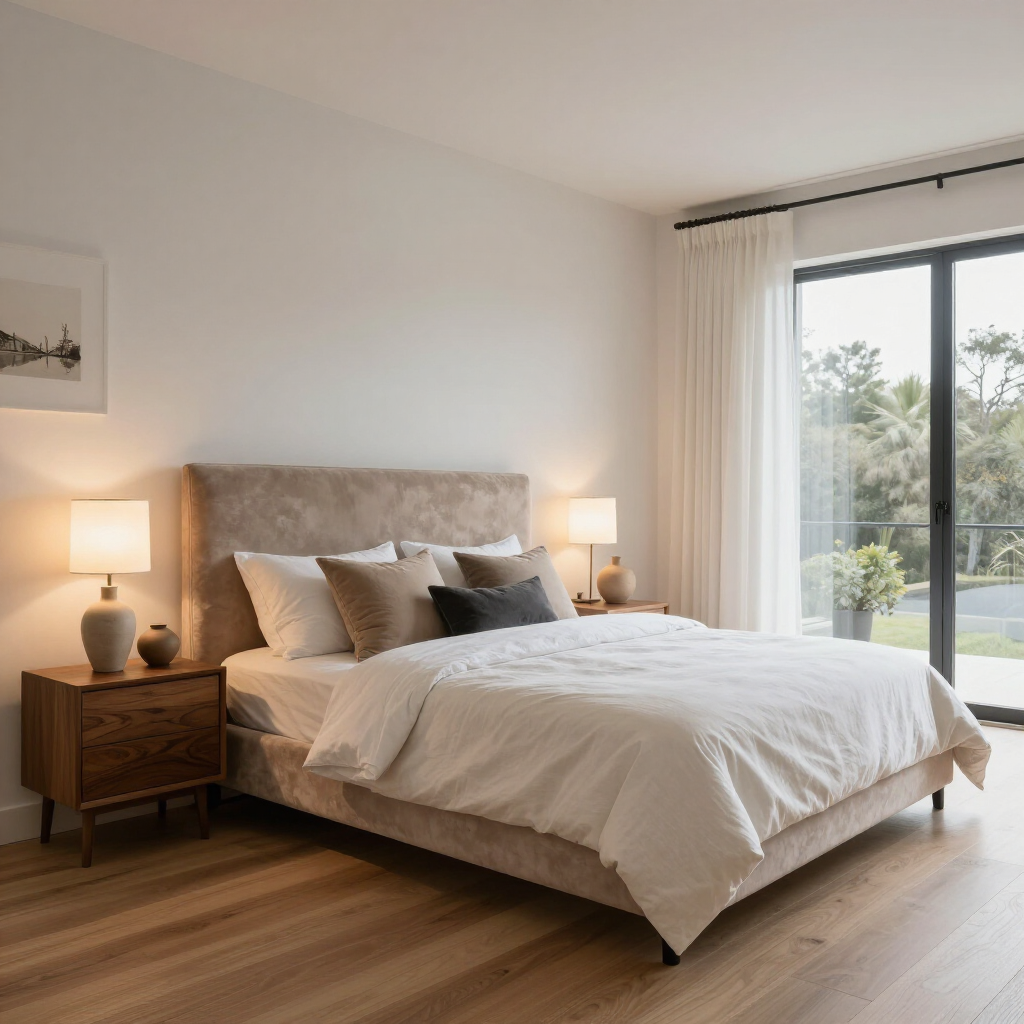 A modern bedroom with a beige upholstered bed, wooden nightstands with lamps, and large glass doors leading outdoors.