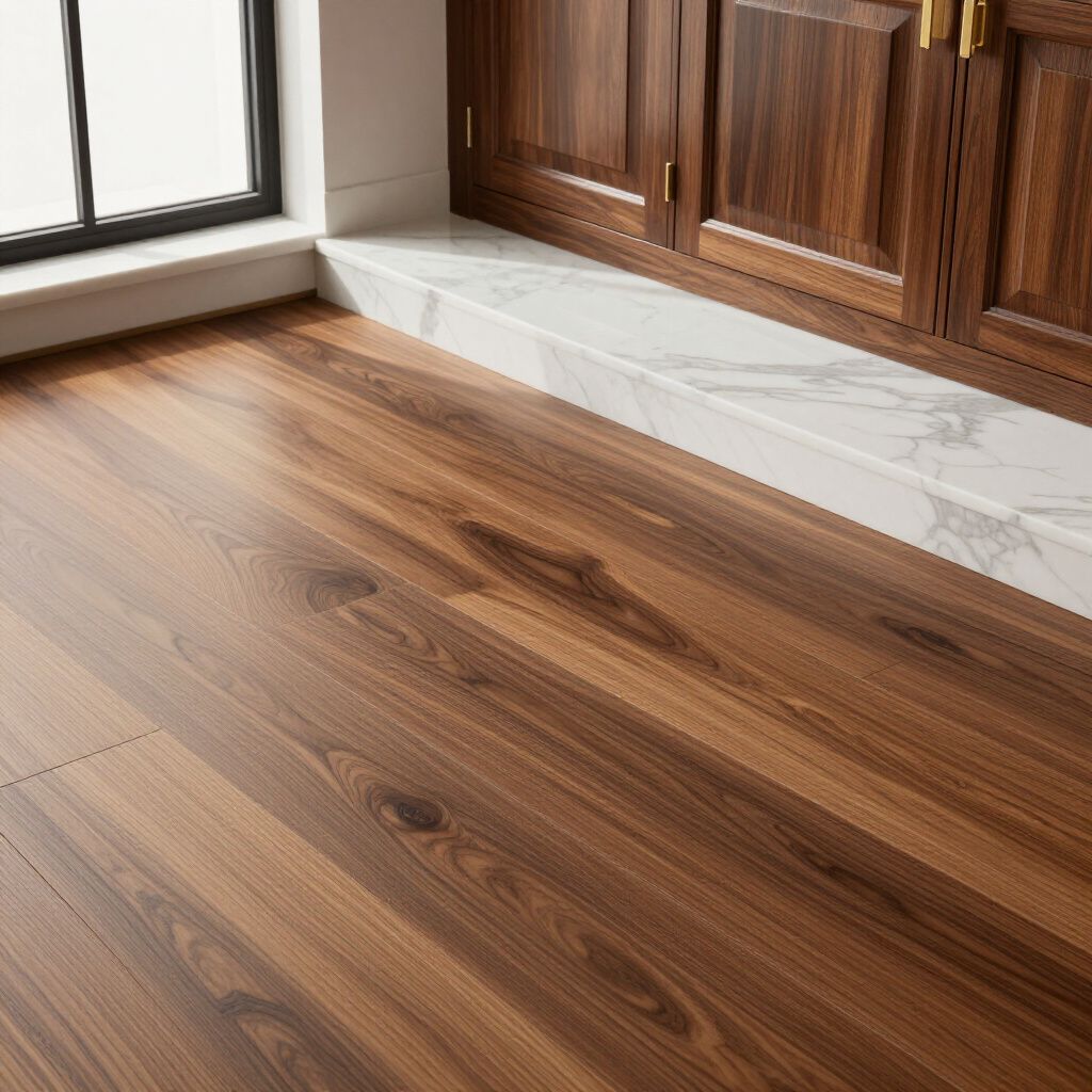 Warm-toned wood plank flooring leading to a white marble-topped base cabinet beneath a window.