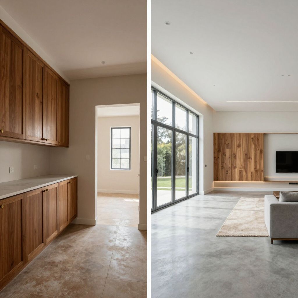 A split view of a modern home interior featuring walnut cabinets, concrete floors, and a living area with a TV wall.