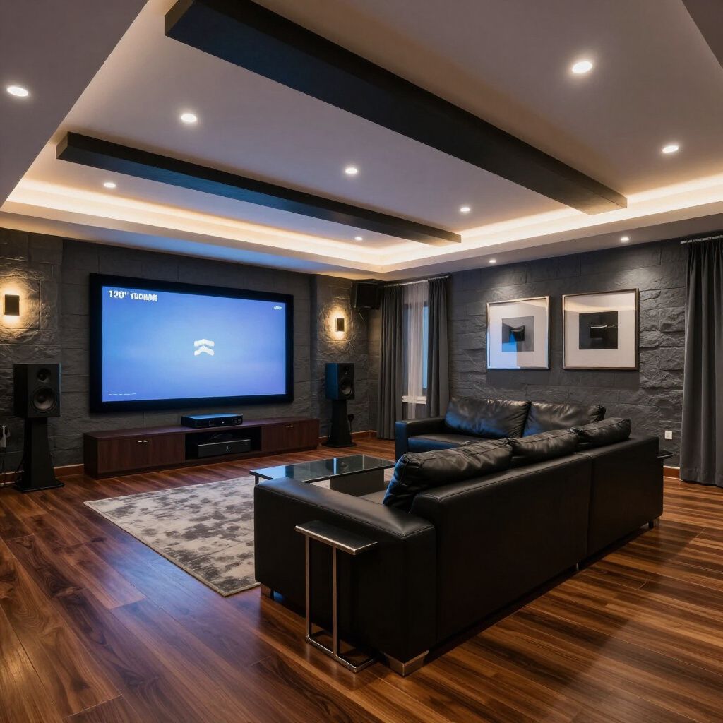 Modern home theater with dark stone walls, black leather sofa, large screen, and wooden floors under recessed lighting.