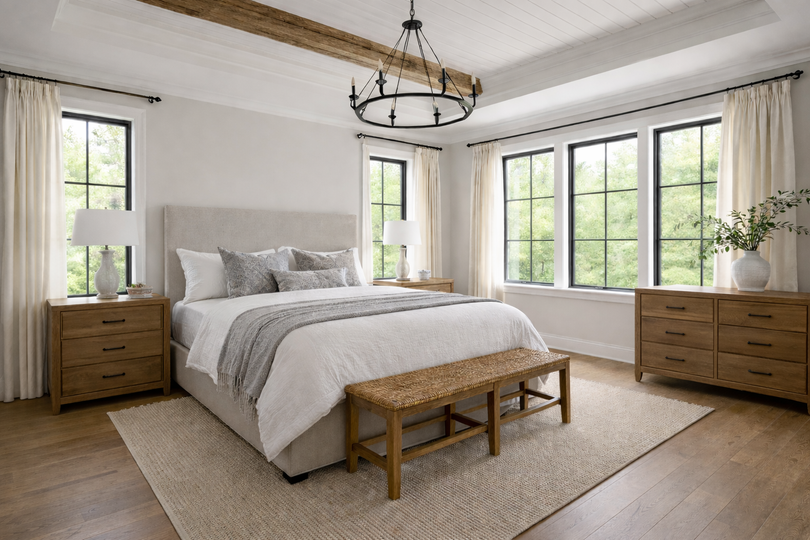 A bright bedroom featuring a queen bed with white bedding, a woven bench, two wooden dressers, and large windows.