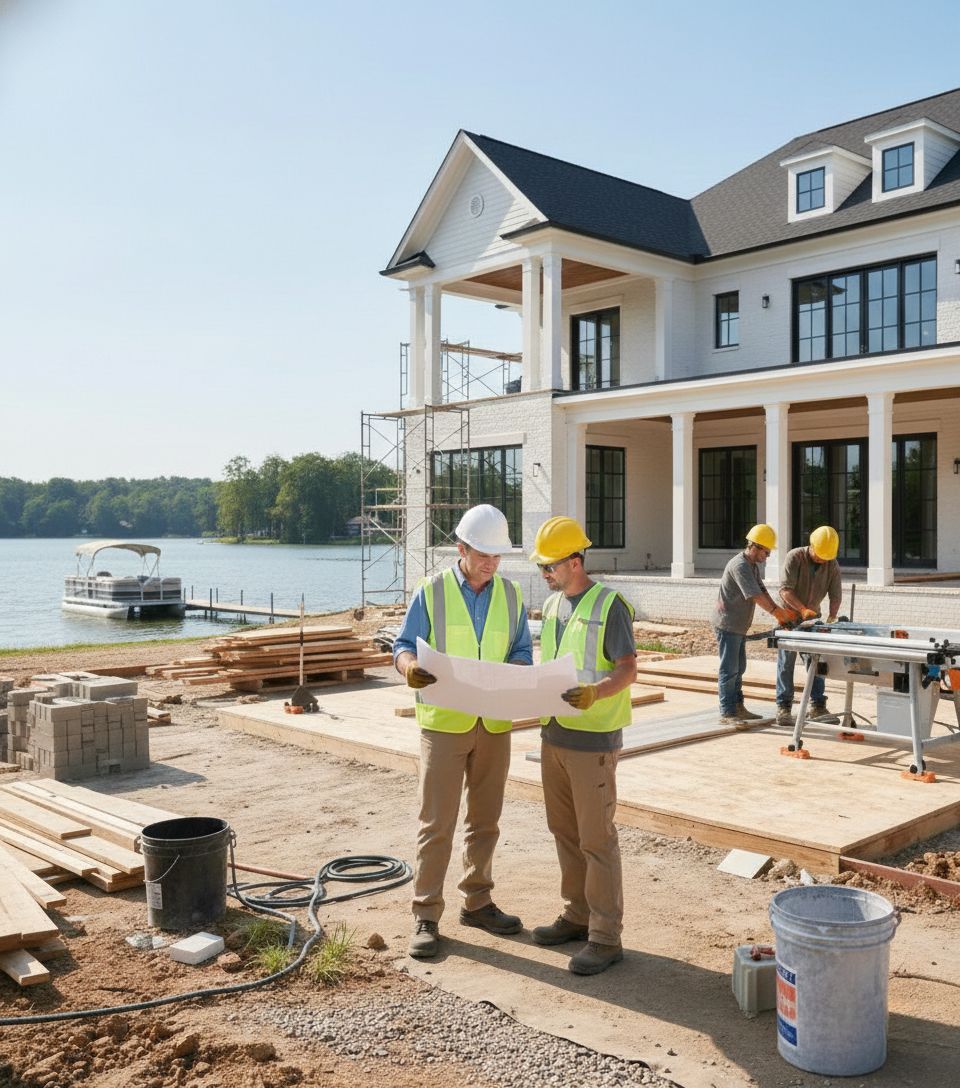 Two workers in safety vests and hard hats review blueprints at a lakeside home construction site with colleagues nearby.