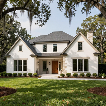 A two-story modern home with stone siding, large glass windows, and warm lighting, featuring a landscaped lawn and path.