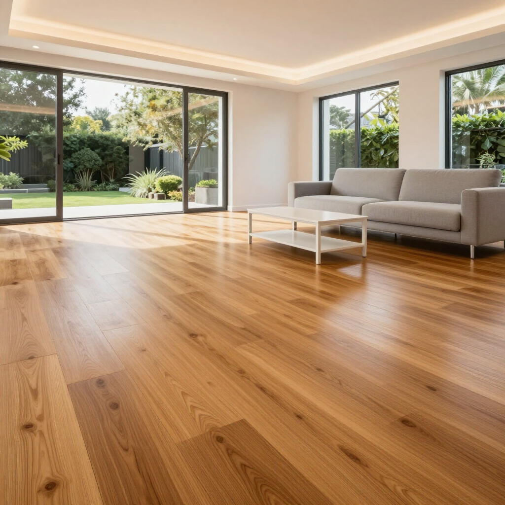 A bright, modern living room featuring light-toned hardwood floors, a gray sofa, and large glass sliding doors to a garden.