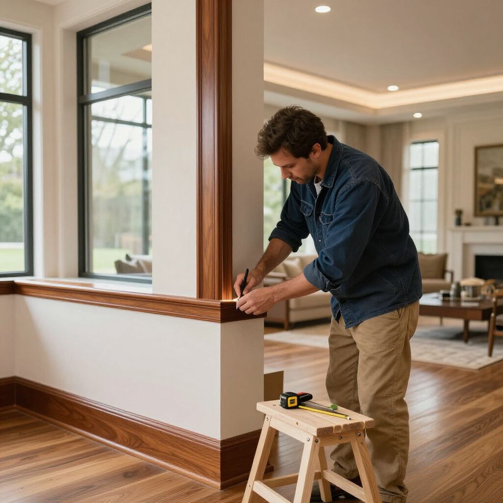 A person uses a pencil to mark a wooden pillar corner in a home interior with hardwood floors and light-colored walls.