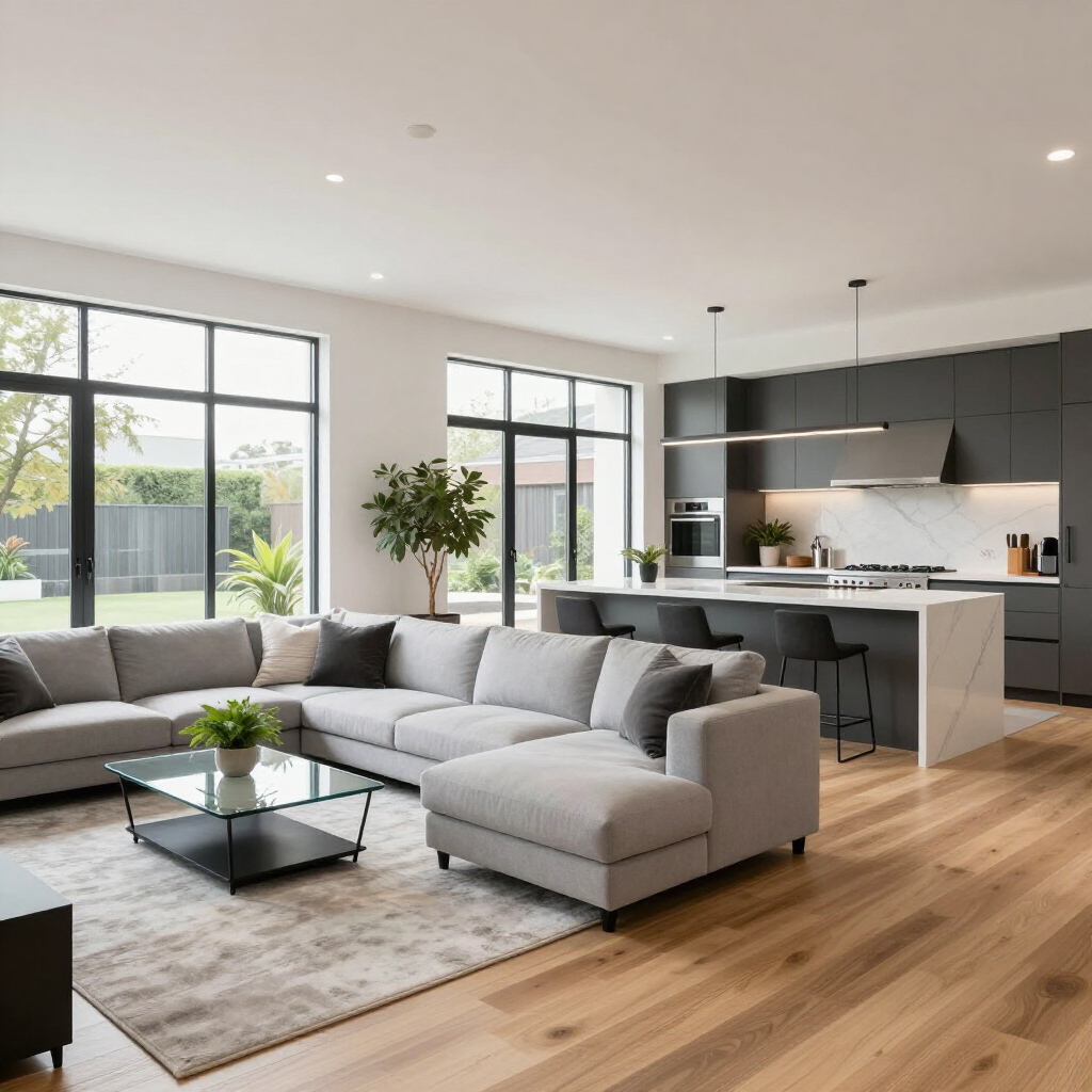 Open-plan living room with a large gray sectional, glass coffee table, and a modern kitchen with black cabinets.