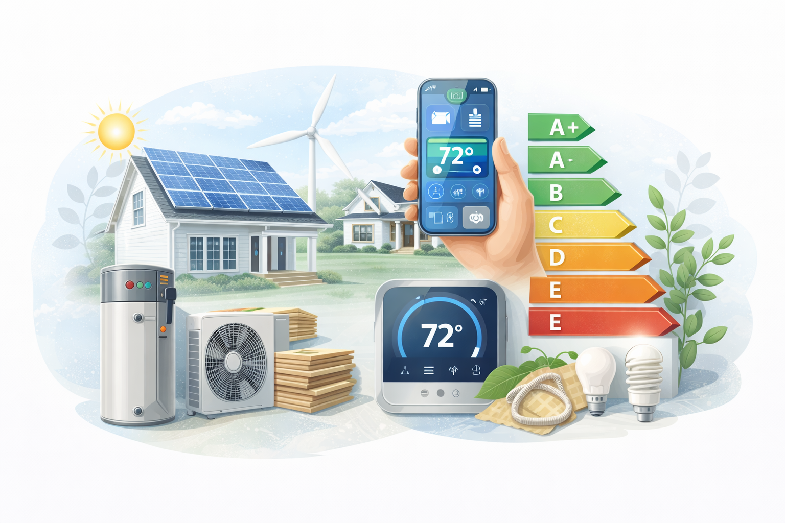 A hand holds a phone showing a thermostat app, near an energy-efficient home with solar panels, appliances, and a rating.
