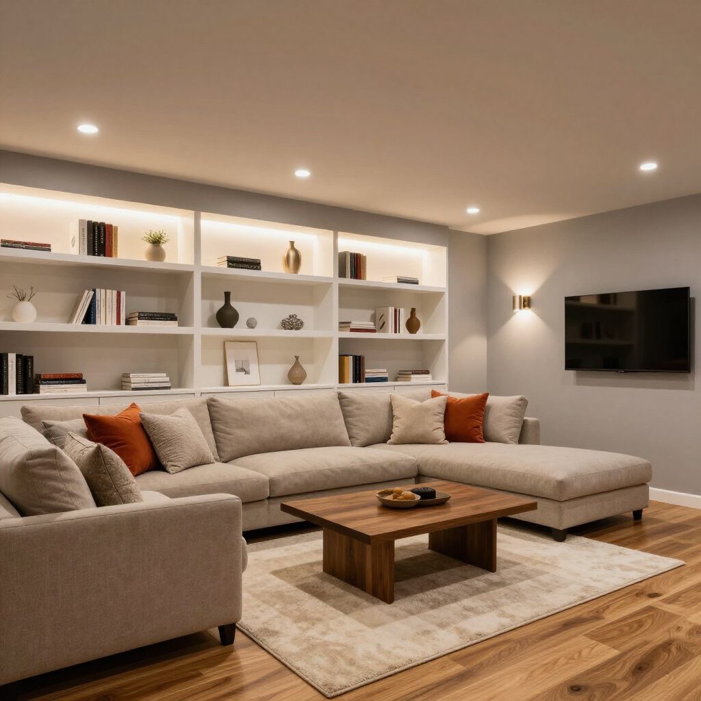 A neutral-toned living room featuring a large sectional sofa, a wood coffee table, built-in shelves, and a wall-mounted TV.