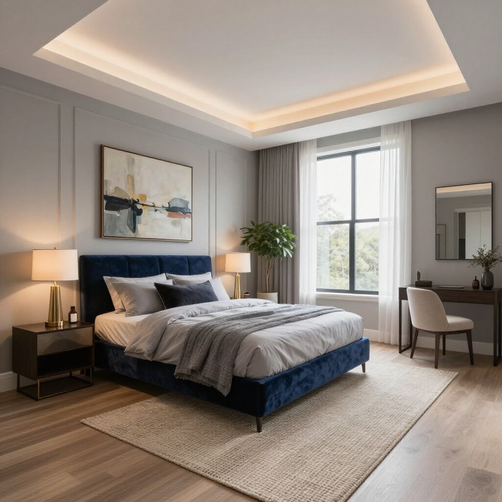 A modern bedroom with a blue velvet bed, gray walls, a light-filled ceiling tray, and a desk in a neutral, calm setting.