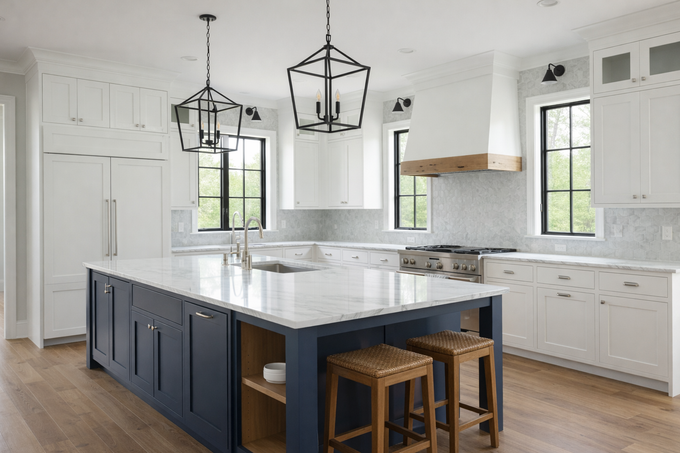A modern kitchen with a large navy blue island, white cabinets, light wood floors, and two black metal pendant lights.
