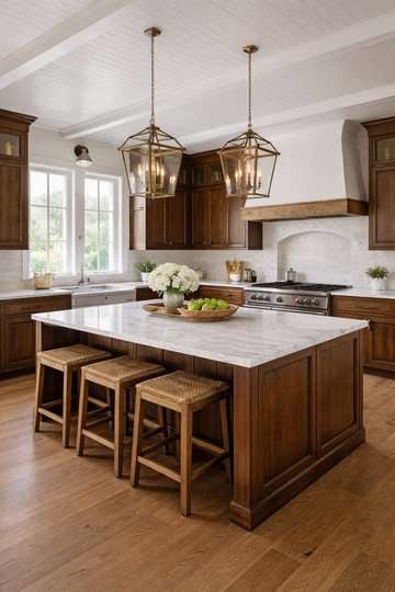 A rustic-style kitchen featuring dark wood cabinets, a large white marble island with three stools, and pendant lighting.