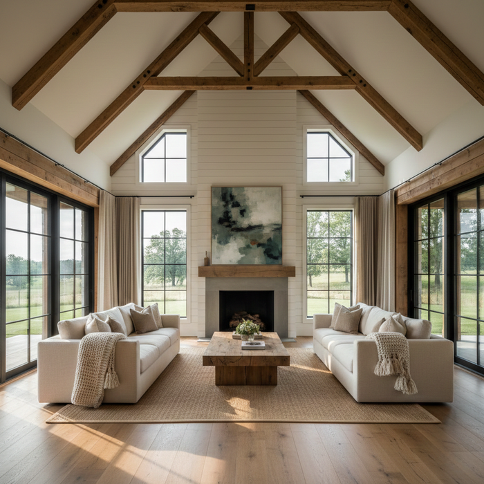 A symmetrical, high-ceilinged living room with wood beams, white walls, two beige sofas, and a central stone fireplace.