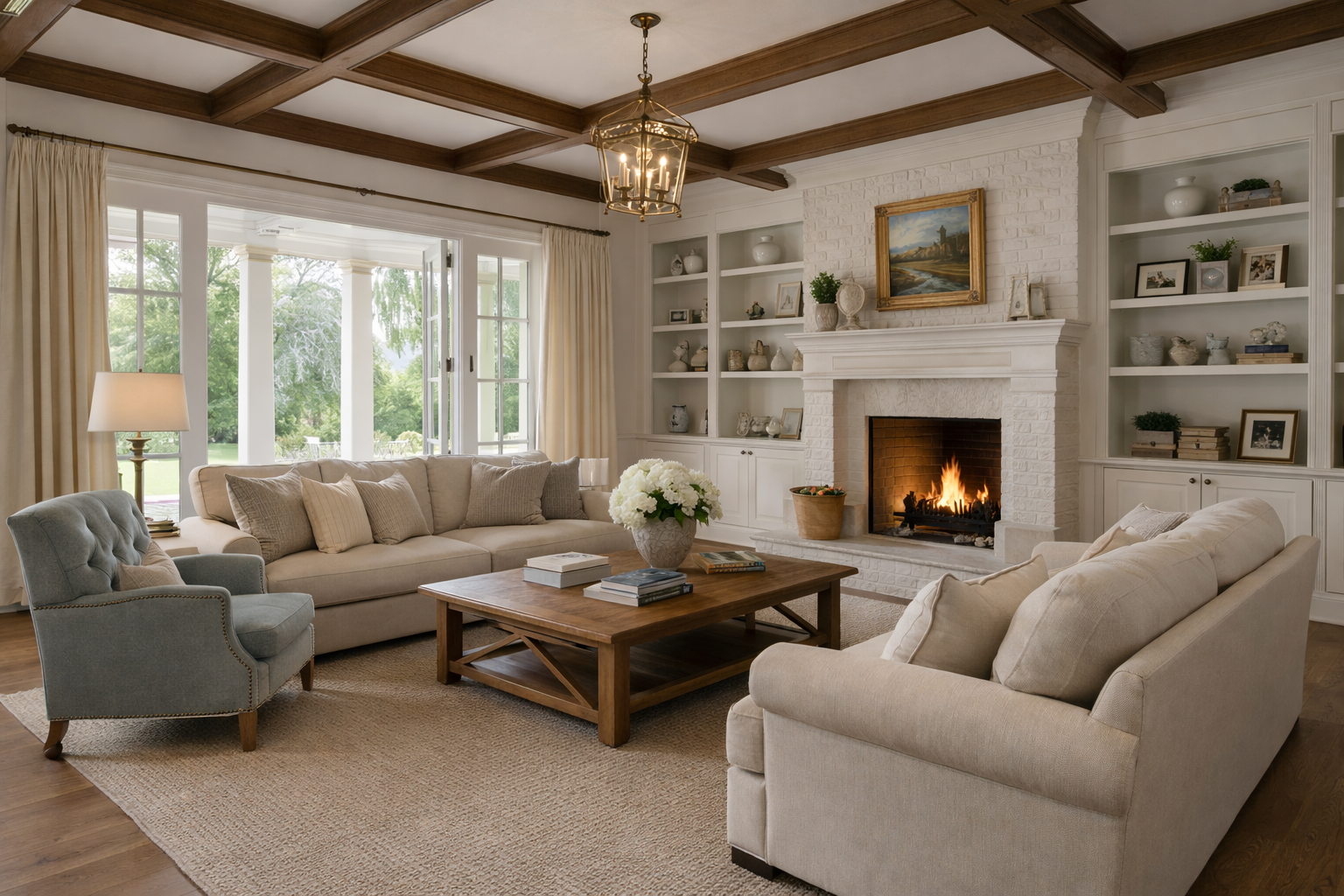 A cozy living room with a white fireplace, beige sofas, a blue armchair, and wooden ceiling beams.