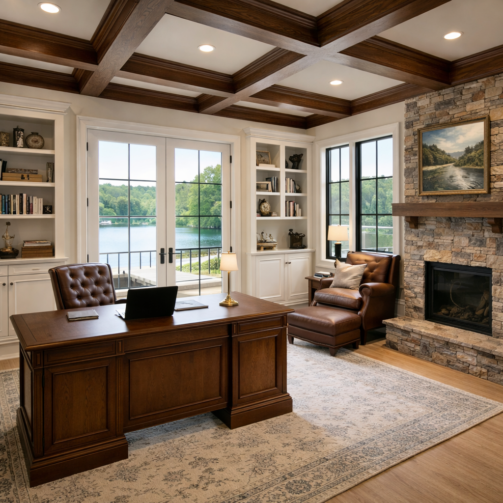 A home office with a wooden desk, leather chair, stone fireplace, white built-in shelves, and a lake view through doors.