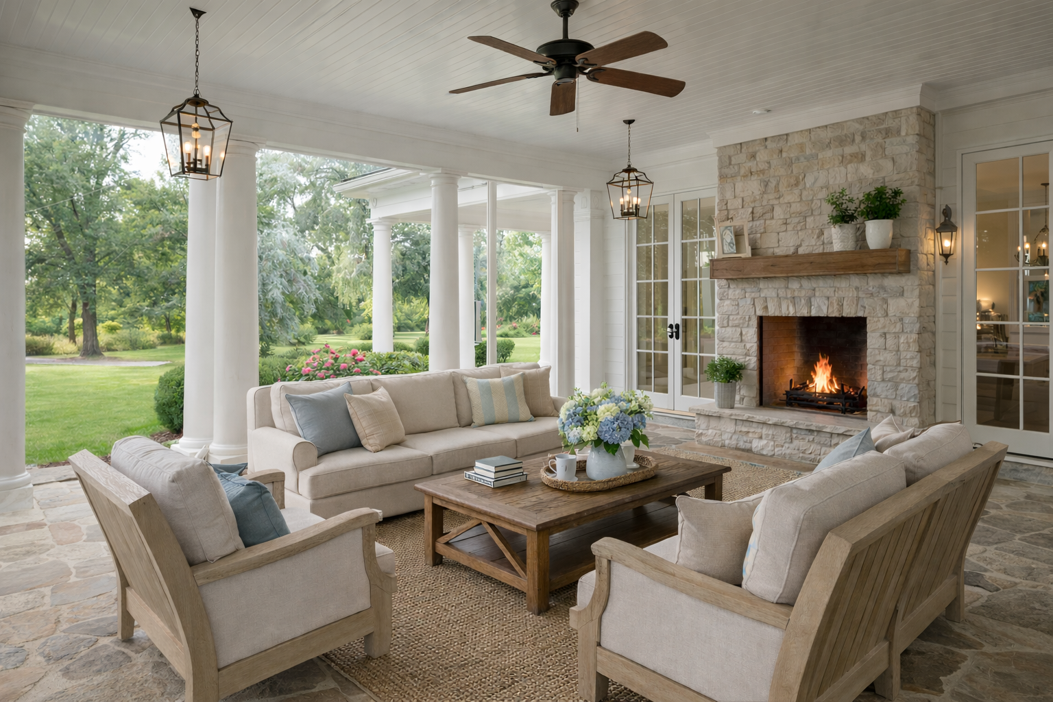 A covered stone patio with a fireplace, comfortable outdoor seating, and large columns overlooking a green yard.