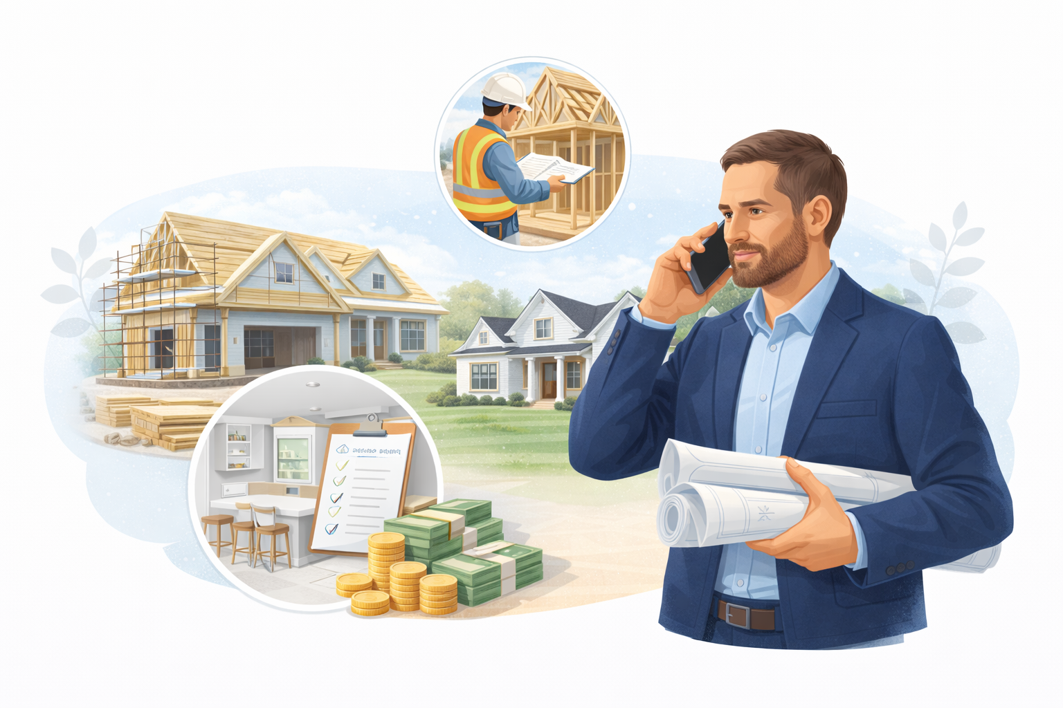 A professional in a suit talks on the phone while holding blueprints, with house construction and financial scenes behind.