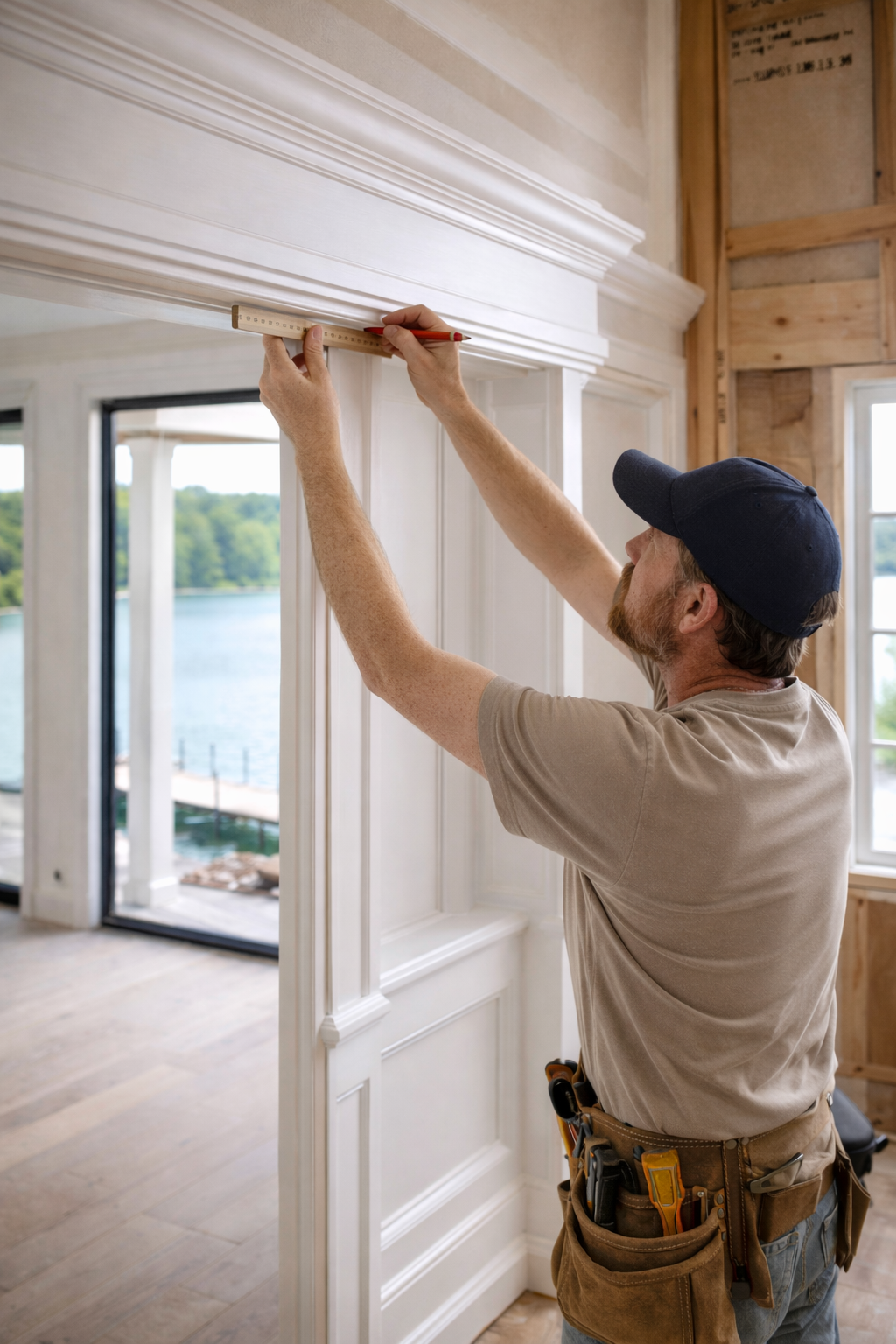 A construction worker in a cap and tool belt measures and marks white decorative trim above an interior doorway.