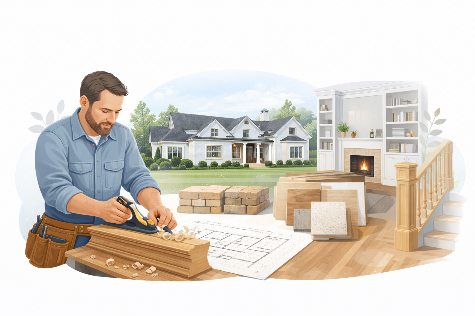 A person using a hand plane on wood next to architectural plans, with a house and a fireplace interior in the background.