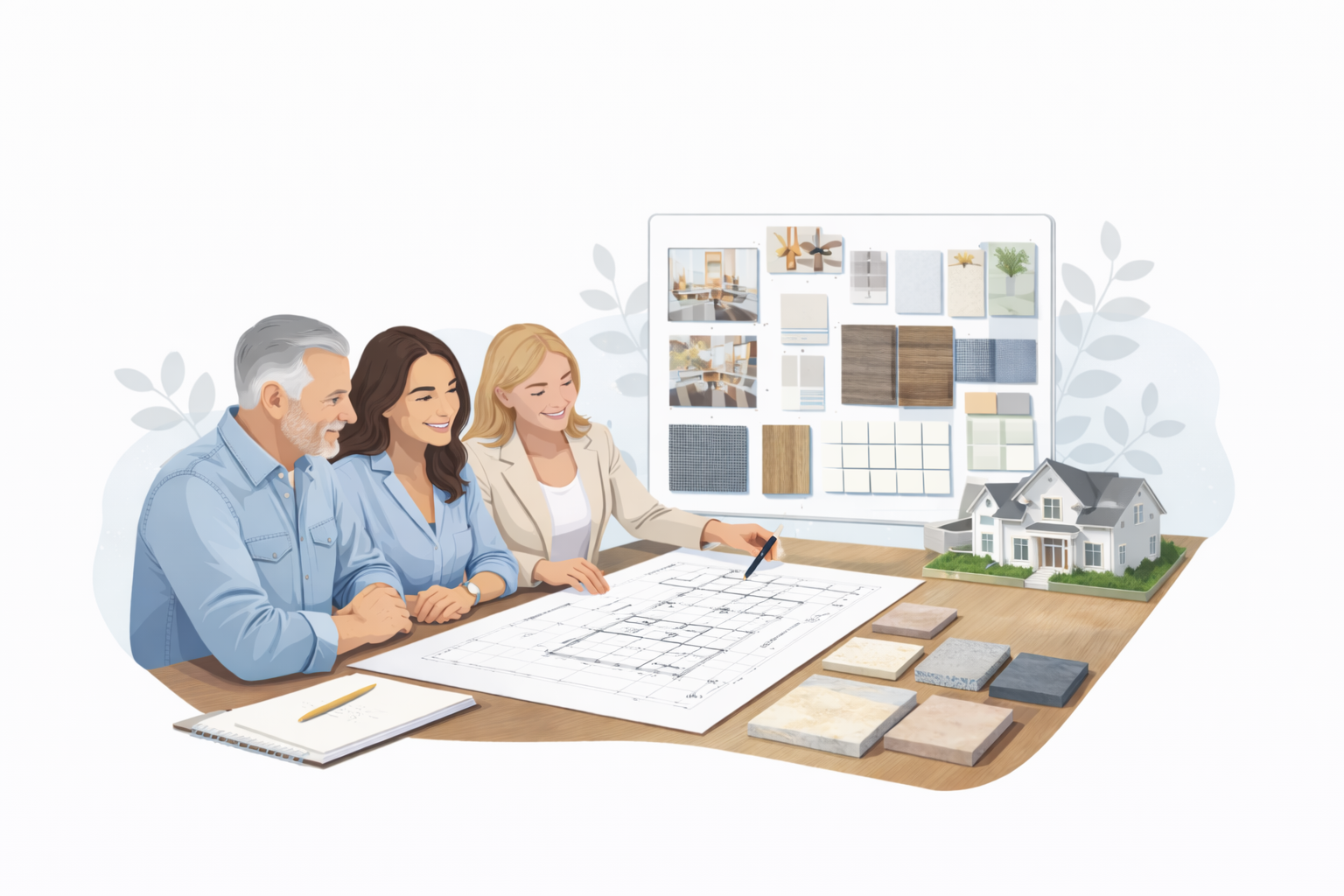 An interior designer reviews house plans and finish samples with a couple, sitting at a table with a model house nearby.