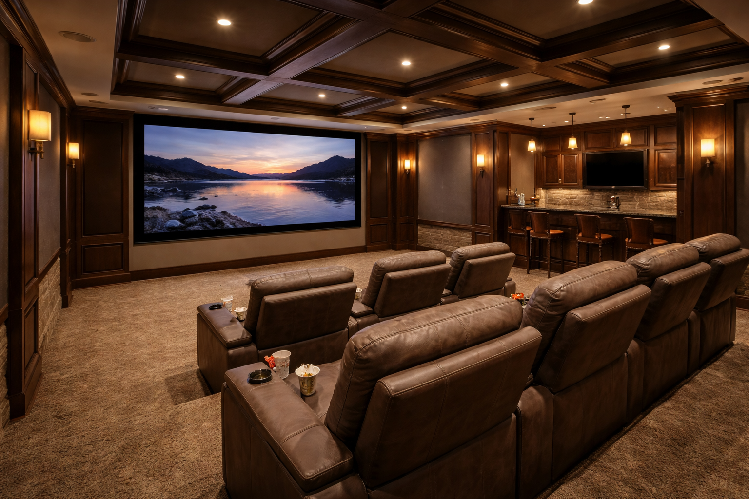 A luxurious home theater with brown leather reclining seats, a large screen, dark wood paneling, and a small bar area.