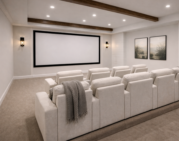 A home theater with a large blank screen, beige sectional seating on a riser, recessed lighting, and wooden ceiling beams.