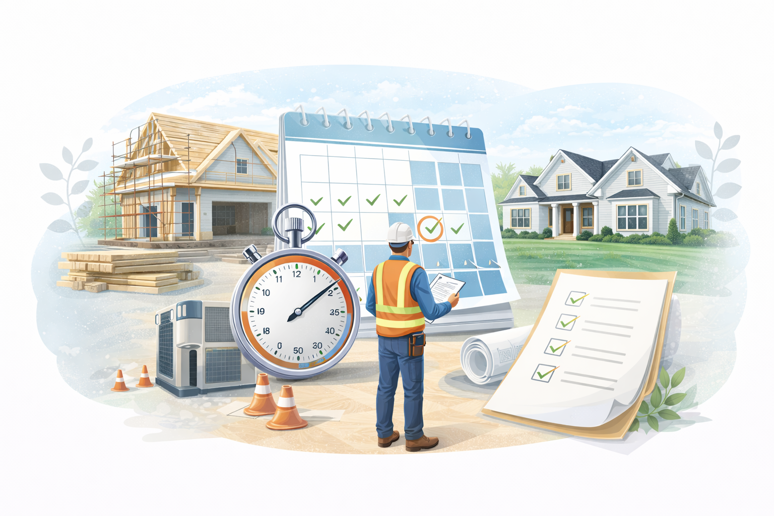 A construction worker reviews a schedule and checklist in front of a home under construction and a completed house.