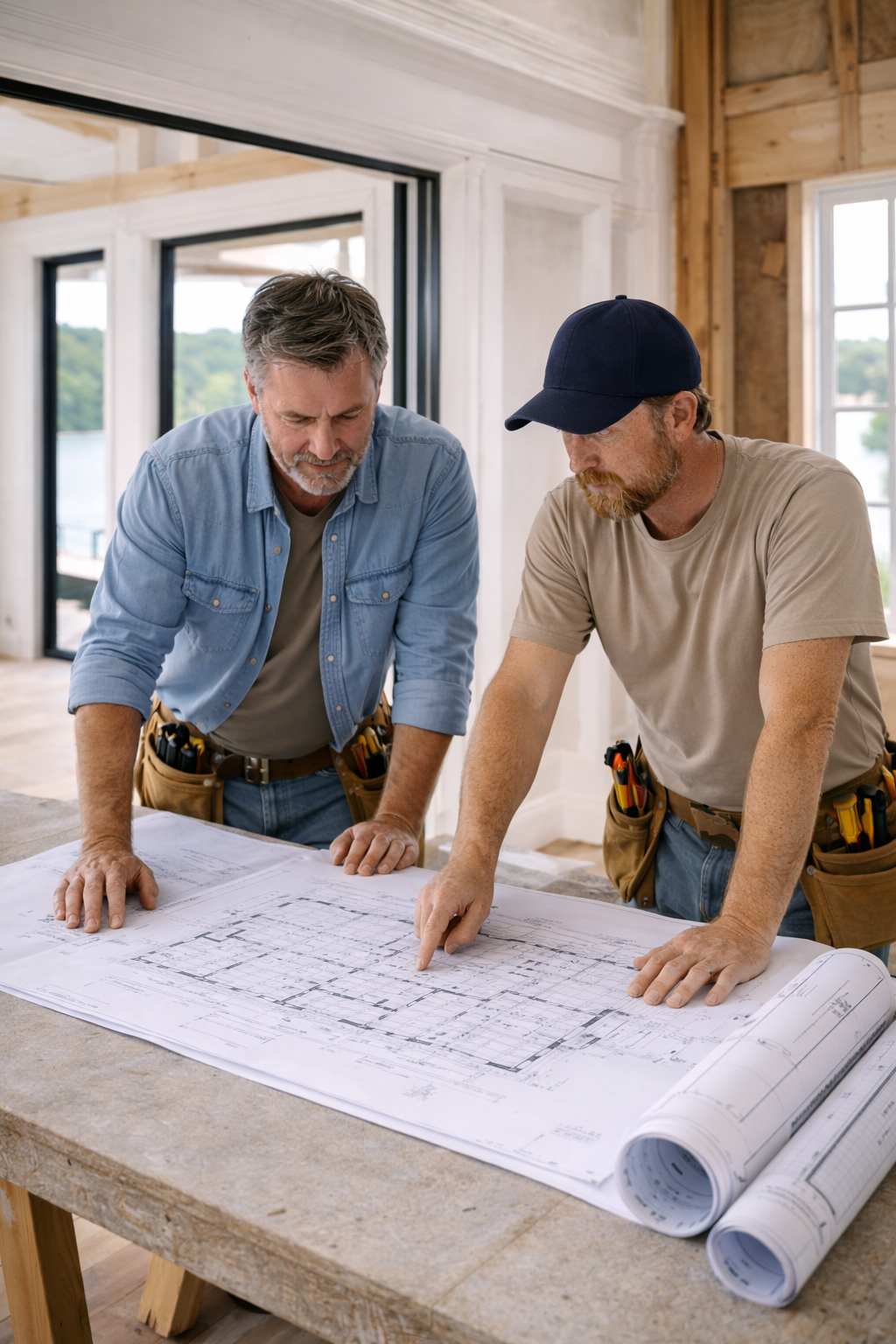 Two construction workers in tool belts review blue house plans on a wooden table inside an unfinished building.