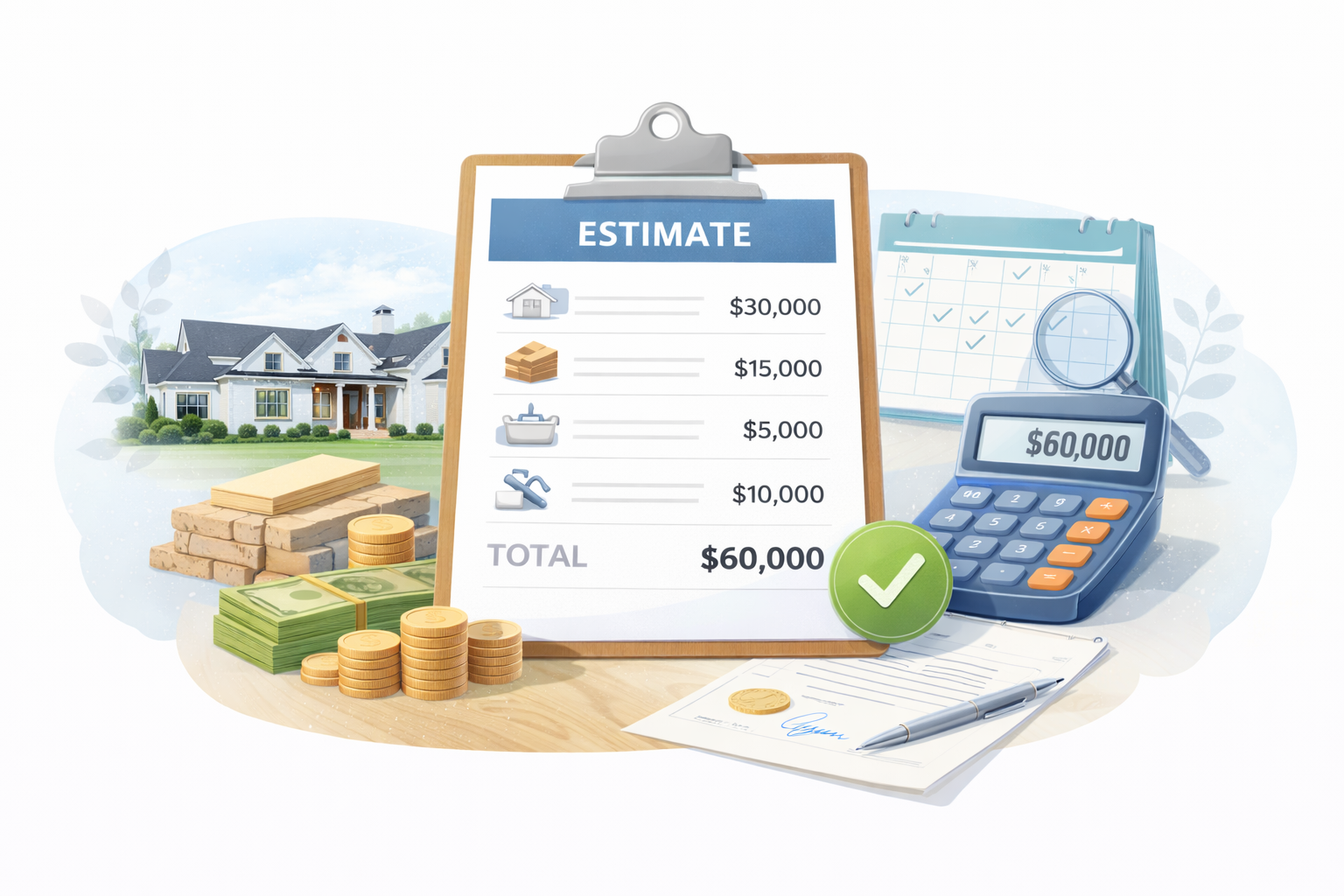 A clipboard with a $60,000 estimate sits on a desk with coins, stacks of cash, a calculator, and a house in the background.