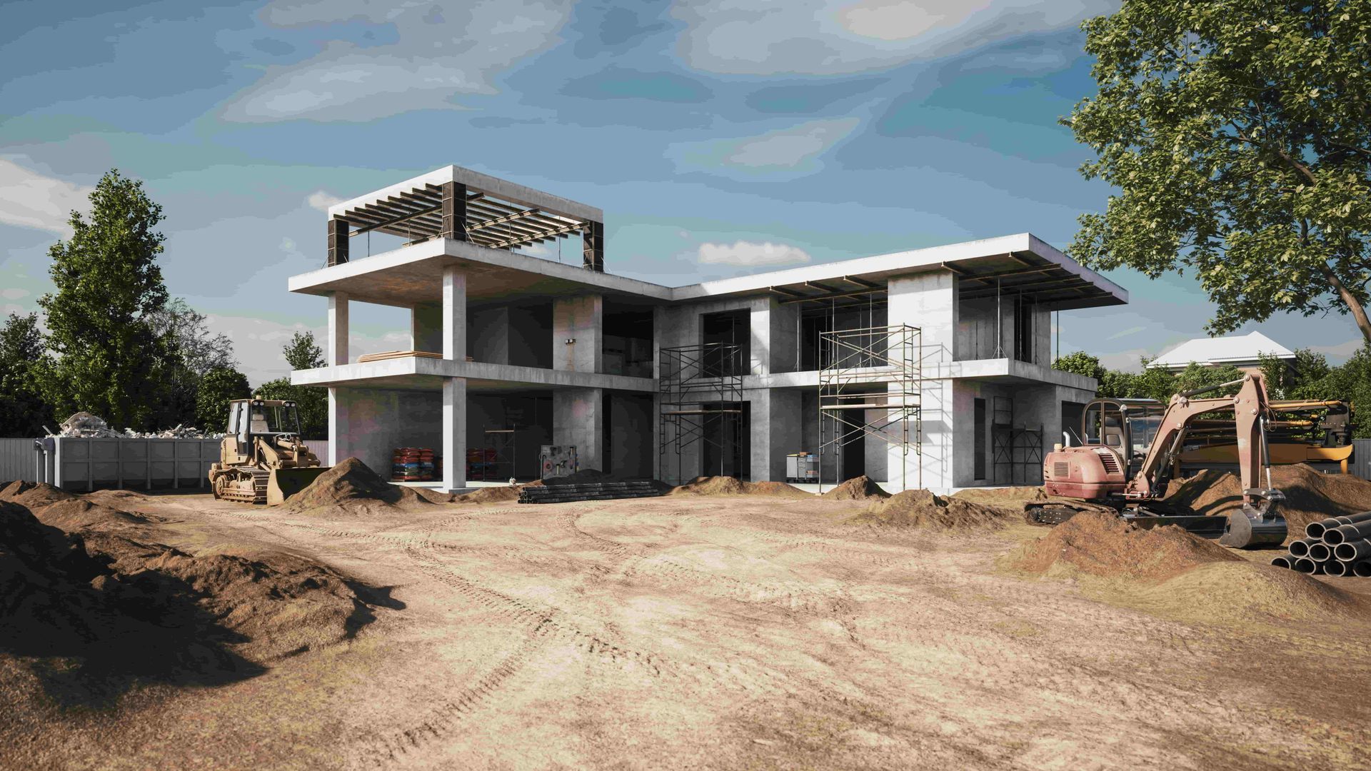 House under construction with earth-moving equipment, steel beams, concrete frame, and clear blue sky.