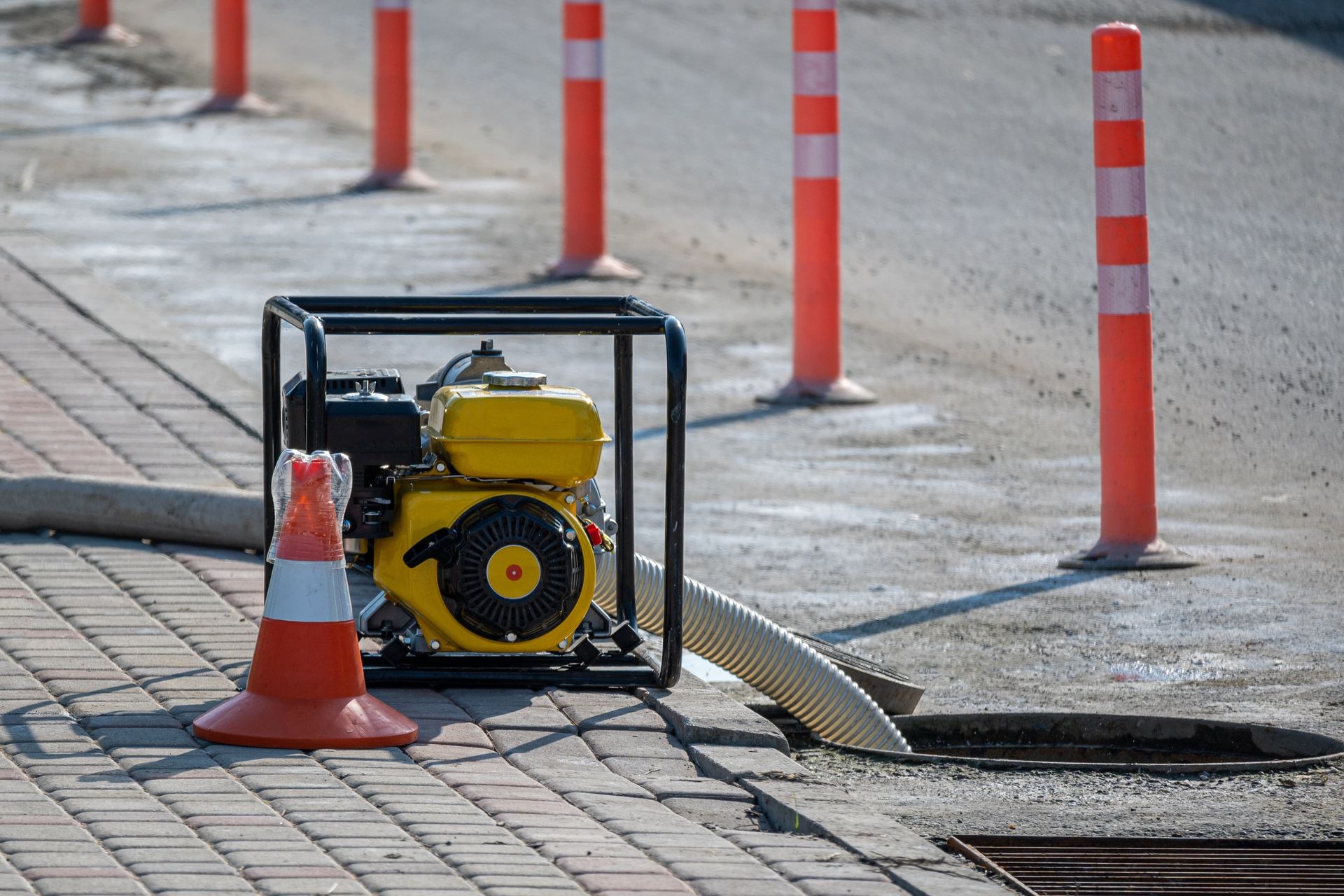 Yellow pump on pavement, orange cones, hose into a manhole, street repair setting.