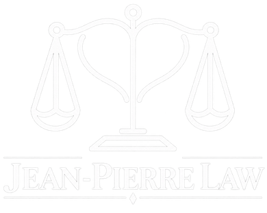Law firm logo with a balance scale above the name Jean-Pierre Law
