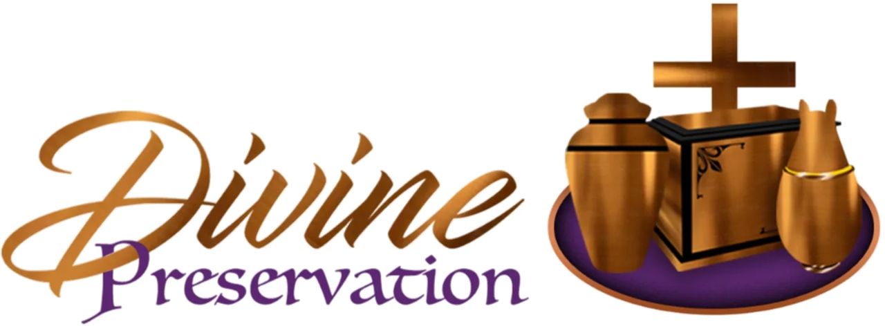 Logo for Divine Preservation, featuring stylized urns, a cross, and text on a purple backdrop.