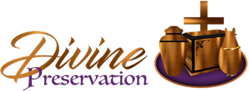 Logo for Divine Preservation, featuring stylized urns, a cross, and text on a purple backdrop.