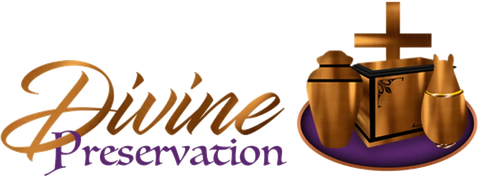 Logo for Divine Preservation, featuring stylized urns, a cross, and text on a purple backdrop.