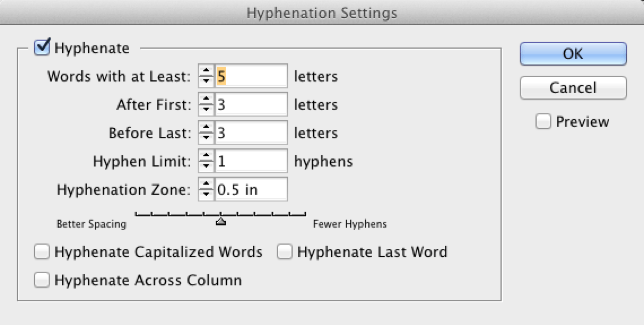 Optimal Adobe InDesign hyphenation settings