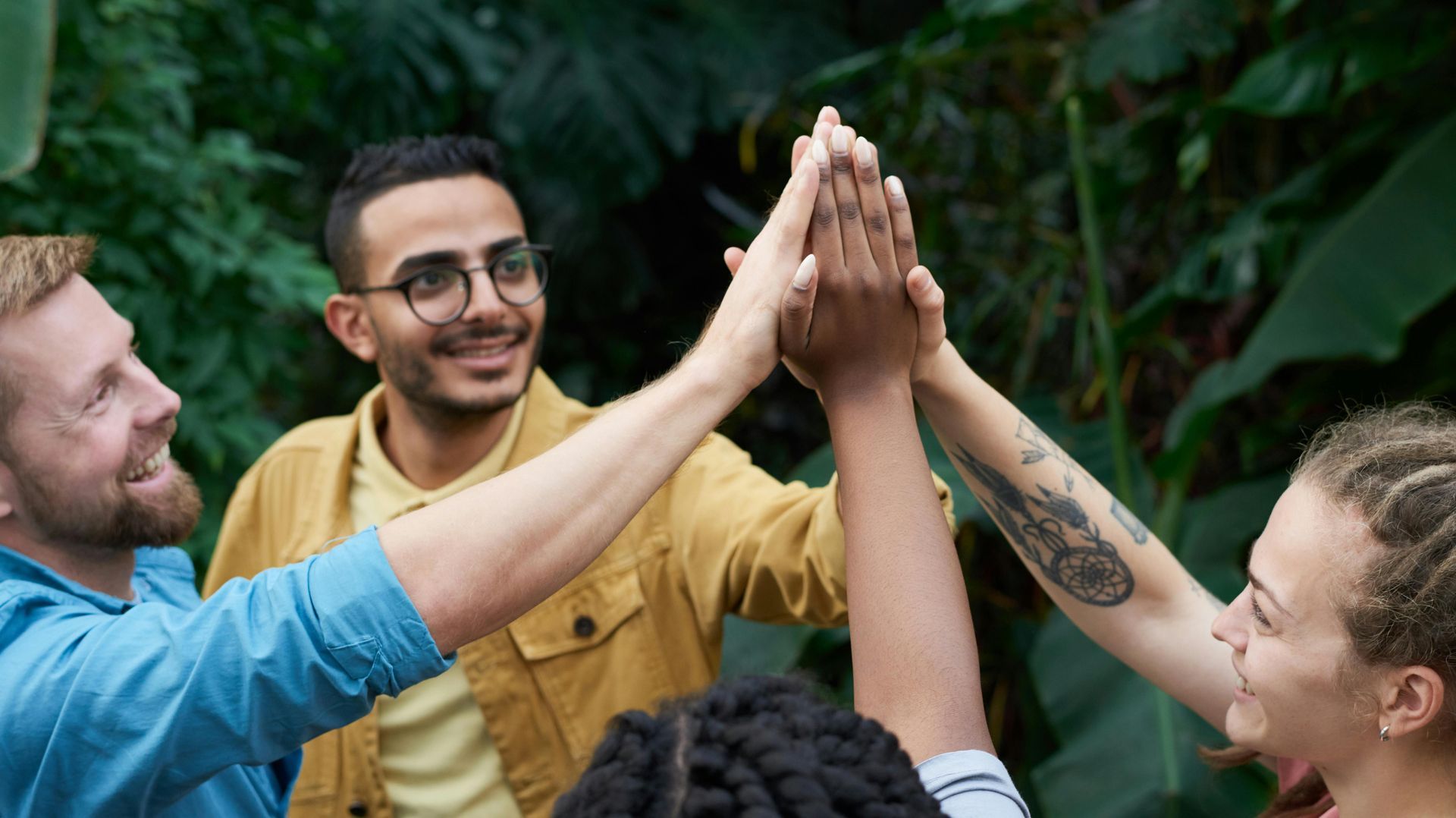 A group of people are giving each other a high five.