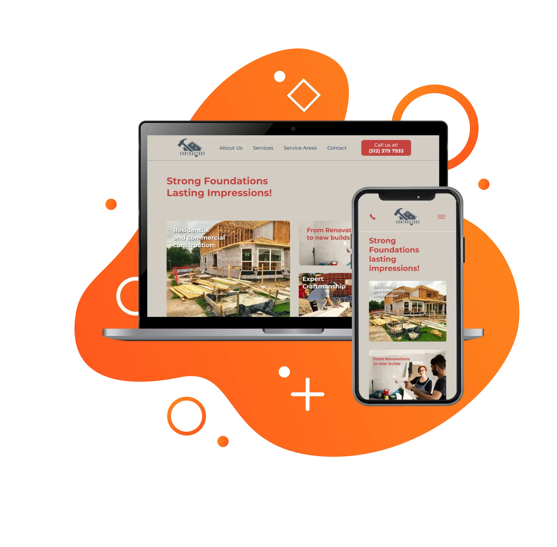A phone with a roofing company website on it.