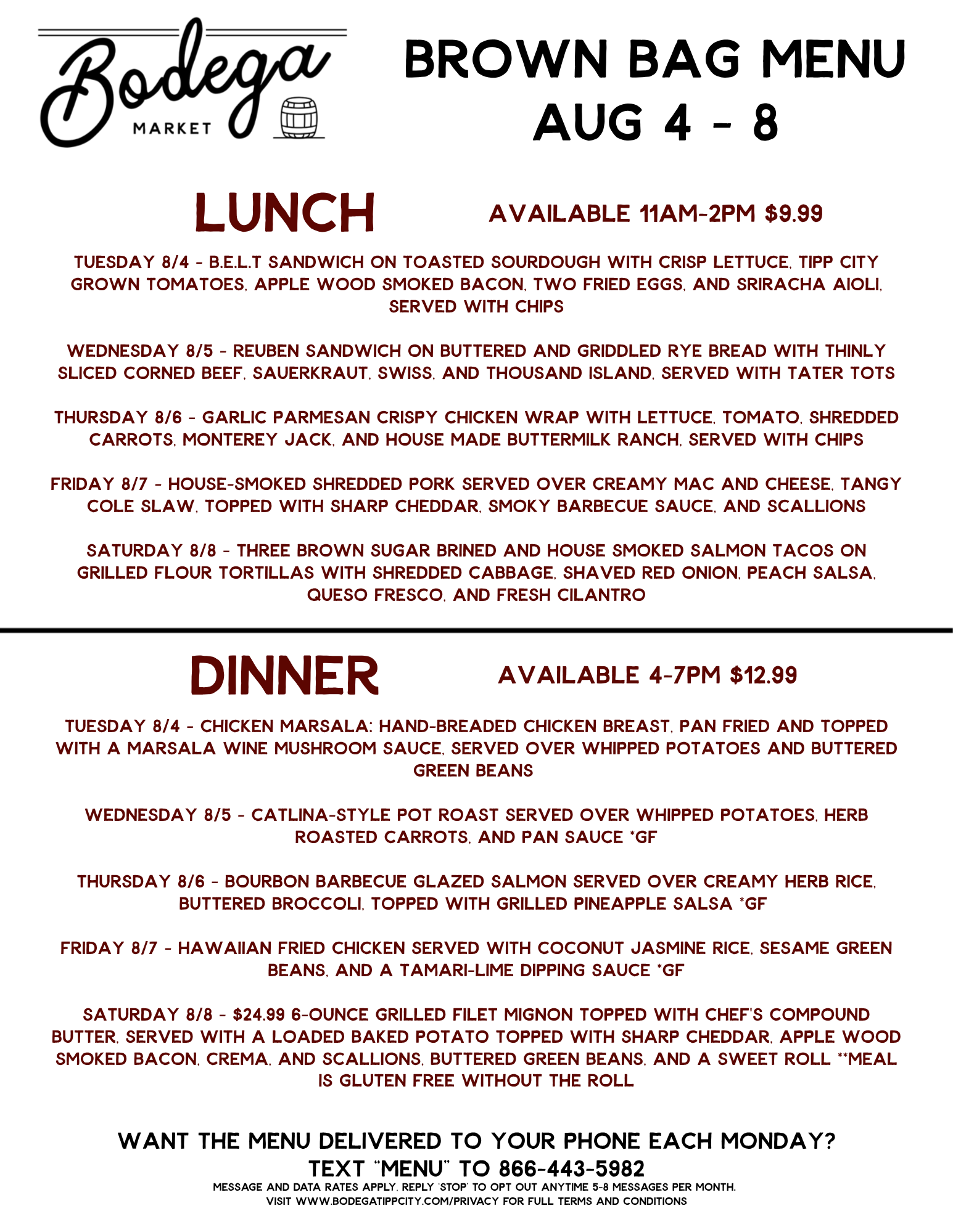 BODEGA WEEKLY BROWN BAG MENU