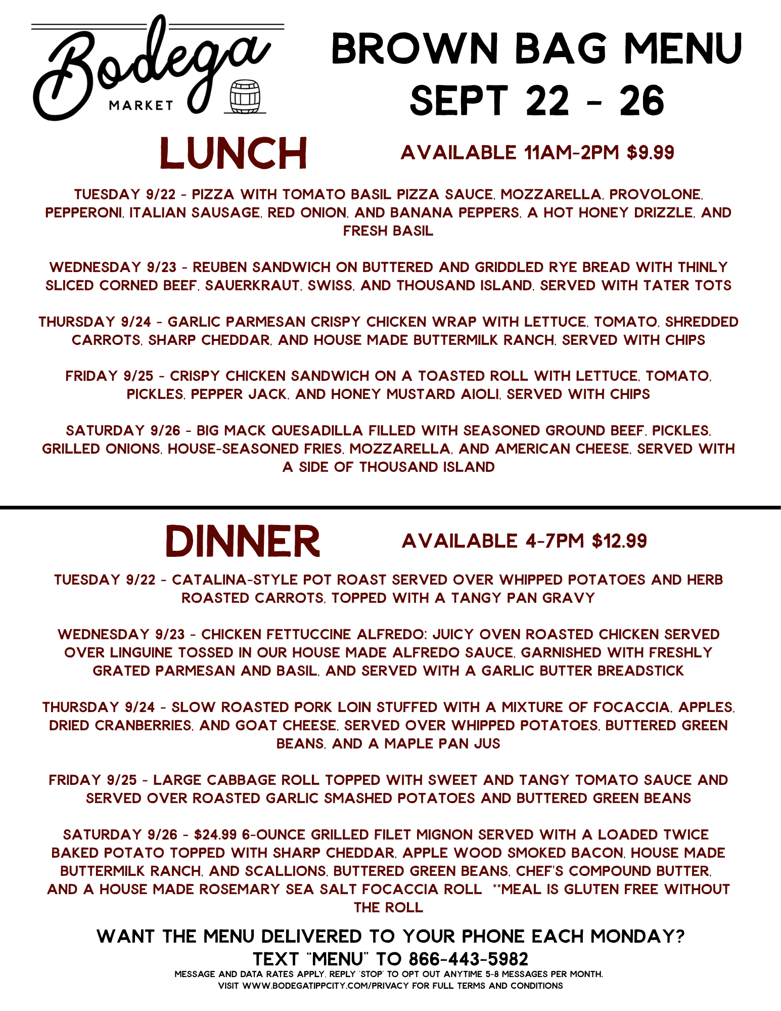BODEGA WEEKLY BROWN BAG MENU