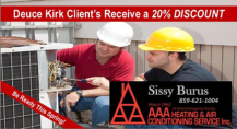 Two HVAC technicians working on unit. Discount for Deuce Kirk clients. Sissy Burus, AAA Heating & Air.