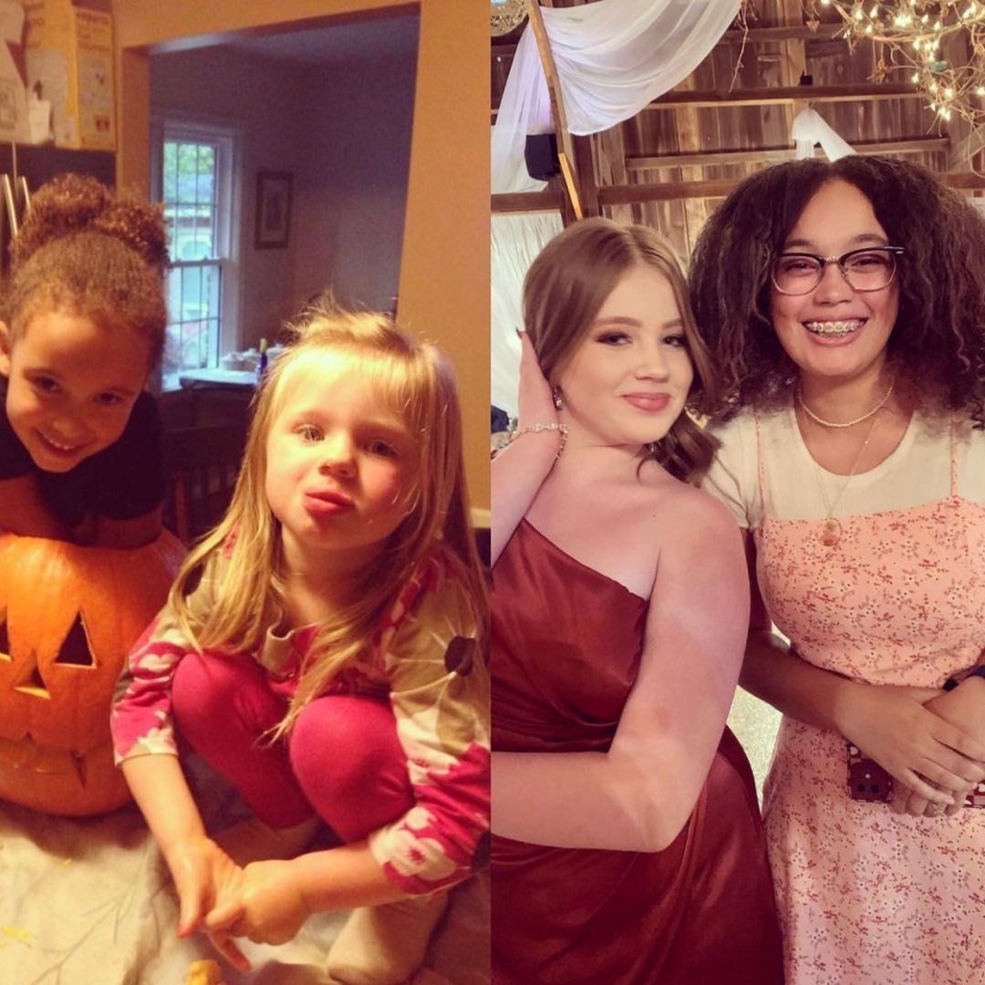 Two photos of the same girls: children with a pumpkin, teens in formal wear, smiling.