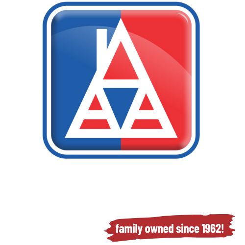 Blue and red logo with white house outline; Family owned since 1962.