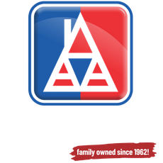 Blue and red logo with white house outline; Family owned since 1962.